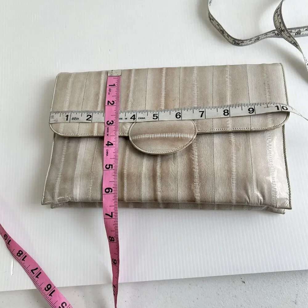 Vintage Shoulder Bag Clutch Genuine Eel Skin Leather Gray Soft Smooth 80’s